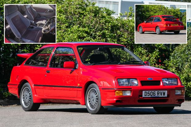 An image collage containing 3 images, Image 1 shows Red 1986 Ford Sierra RS Cosworth, Image 2 shows Interior of a red 1986 Ford Sierra RS Cosworth with Recaro seats, Image 3 shows Red Ford Sierra RS Cosworth car