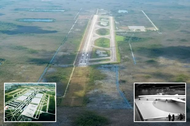 An image collage containing 3 images, Image 1 shows Aerial view of Everglades Airport's single runway surrounded by wetlands, Image 2 shows Illustration of Everglades airport layout, Image 3 shows Boeing 2707 supersonic jet in a hangar