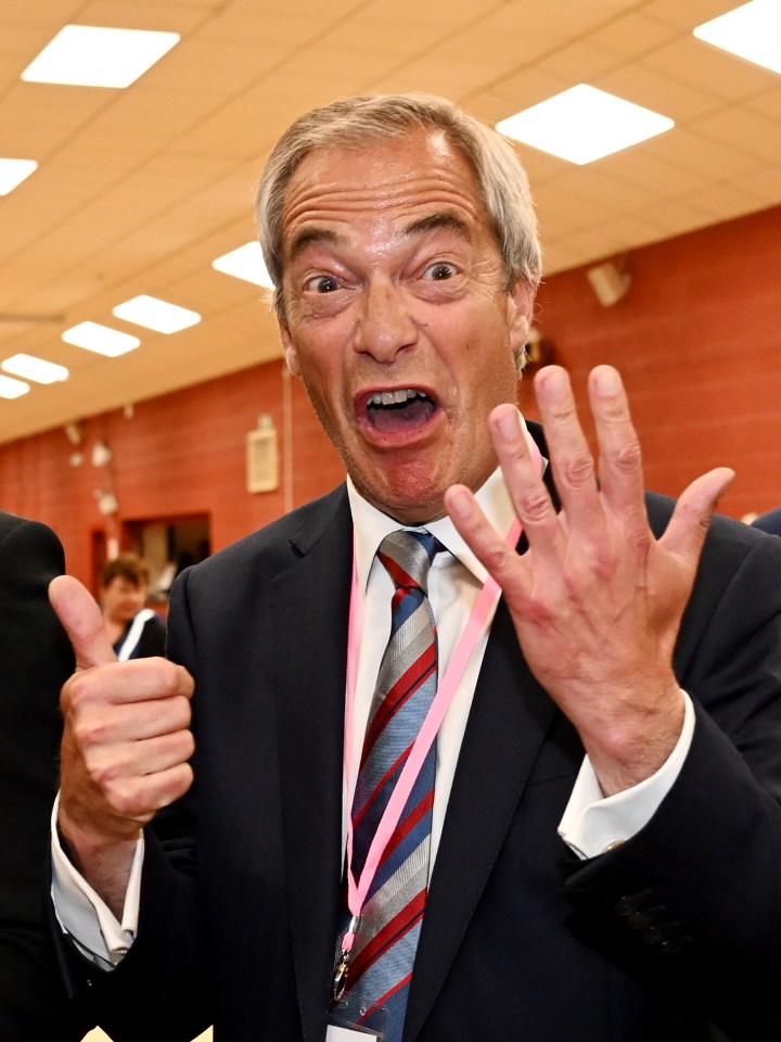 Nigel Farage celebrating a Reform Party by-election win.