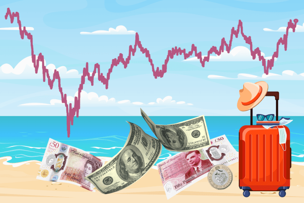 Illustration of currency on a beach with a suitcase and a stock market graph.