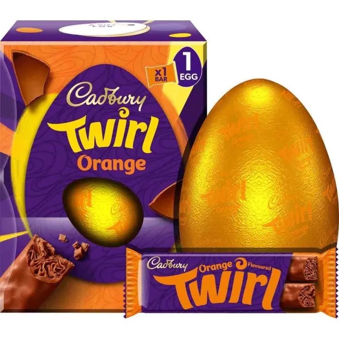 Cadbury Twirl Orange Easter egg and chocolate bar.