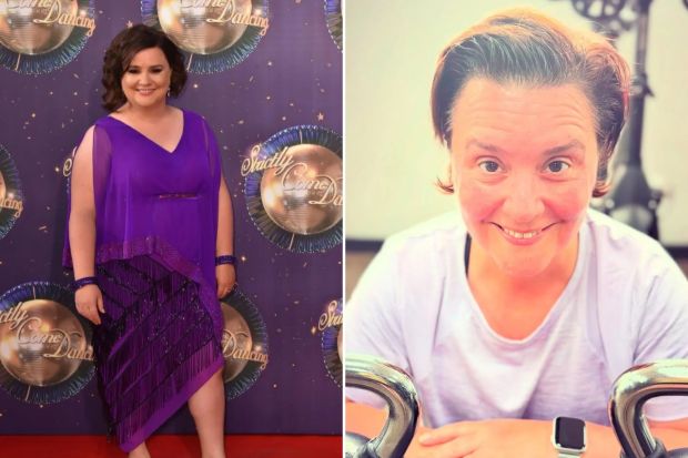 An image collage containing 2 images, Image 1 shows File photo dated 28/08/17 of Strictly Come Dancing star Susan Calman who has joked that her Strictly dance off against Alexandra Burke was like a "racehorse versus a Shetland pony". PRESS ASSOCIATION Photo. Issue date: Monday November 27, 2017. The Scottish comedian became the latest celebrity to be eliminated from the BBC competition at the weekend, after she and her professional partner Kevin Clifton found themselves in the bottom two with Burke and her partner Gorka Marquez. See PA story SHOWBIZ Strictly. Photo credit should read: Matt Crossick/PA Wire, Image 2 shows Susan Calman smiling and posing with two kettlebells